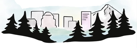 Portland skyline, Mt Hood, and Pacific Northwest forest